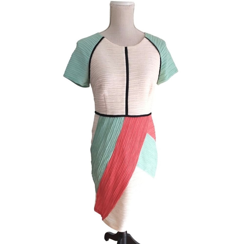 Maeve Danita Sheath Dress Sz 10P Coral Cream Teal Colorblock Knee Length Lined